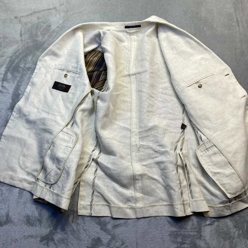 Tasso Elba Mens Linen Blazer Jacket Beige 3 Button Unlined Sport Coat‎ Size L